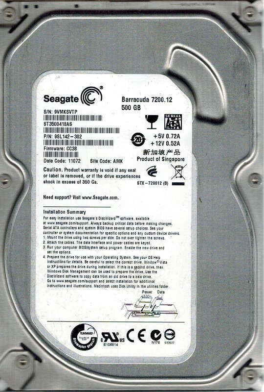 Seagate ST3500418AS P/N: 9SL142-302 F/W: CC38 AMK 500GB