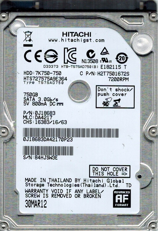 HTS727575A9E364 Hitachi MLC: DA4217 P/N: 0J18683 750GB
