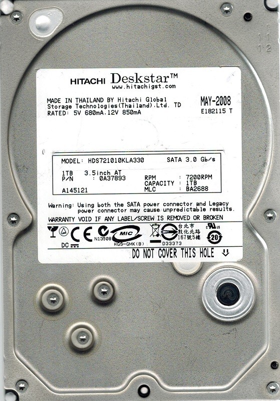 Hitachi HDS721010KLA330 P/N: 0A37893 MLC: BA2688 1TB MAC APPLE