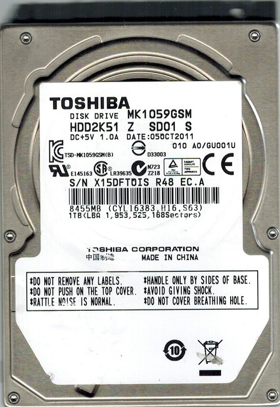 Toshiba MK1059GSM CHINA 1TB HDD2K51 Z SD01 S F/W: A0/GU001U