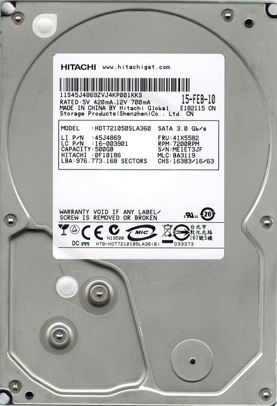 Hitachi HDT721050SLA360 P/N: 0F10186 MLC: BA3119 500GB