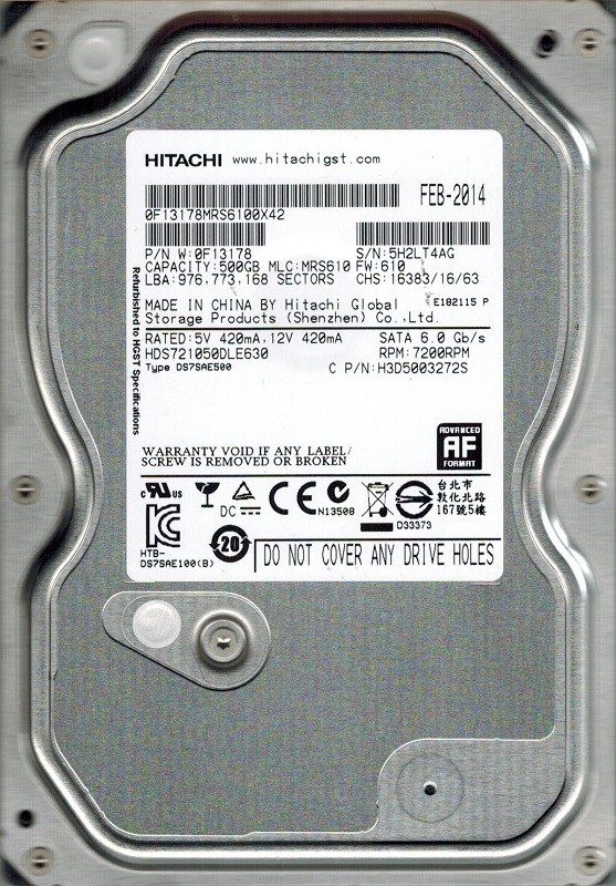 Hitachi HDS721050DLE630 P/N: 0F13178 MLC: MRS610 500GB China