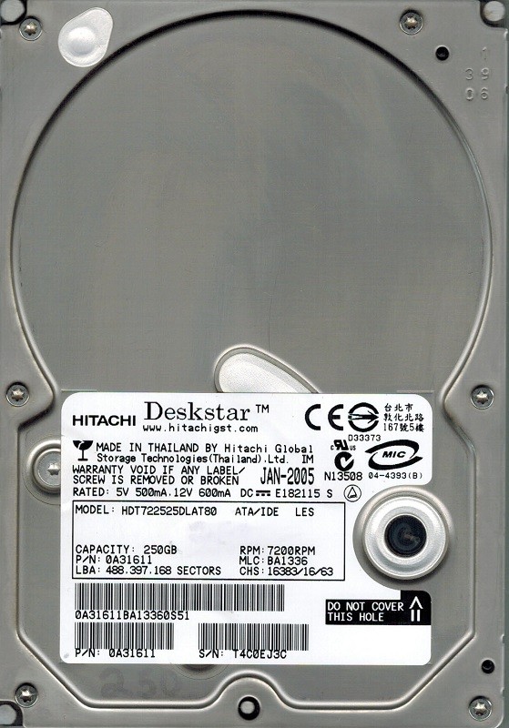 Hitachi HDT722525DLAT80 P/N: 0A31611 MLC: BA1336 250GB