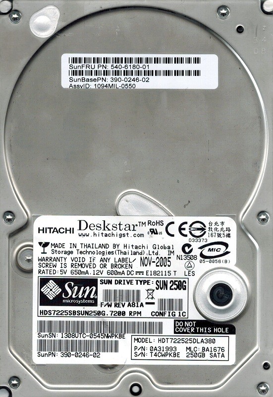 Hitachi HDT722525DLA380 P/N: 0A31993 MLC: BA1676 250GB SUN