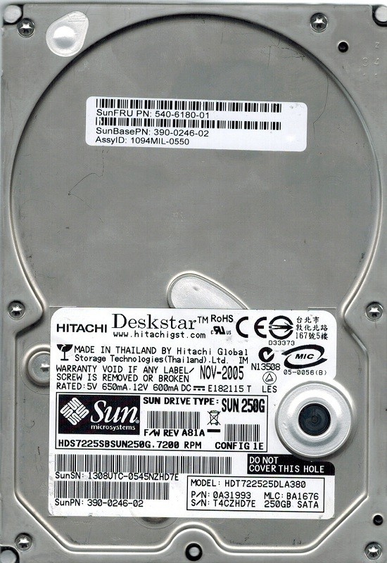 Hitachi HDT722525DLA380 P/N: 0A31993 250GB MLC: BA1676 SUN