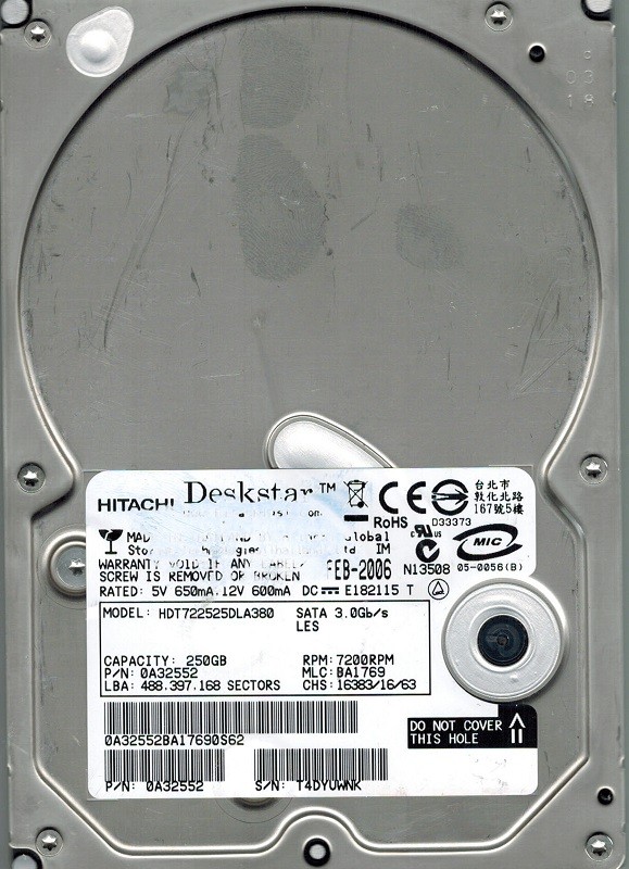 Hitachi HDT722525DLA380 P/N: 0A32552 MLC: BA1769 250GB