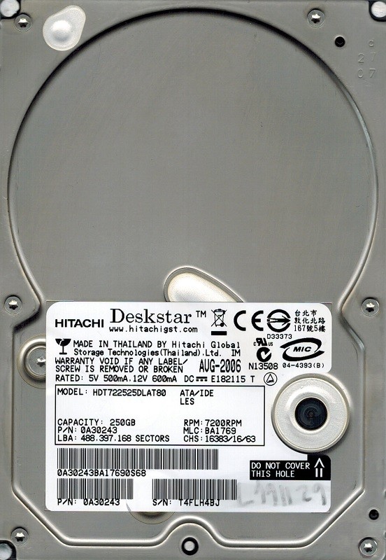Hitachi HDT722525DLAT80 P/N: 0A30243 MLC: BA1769 250GB