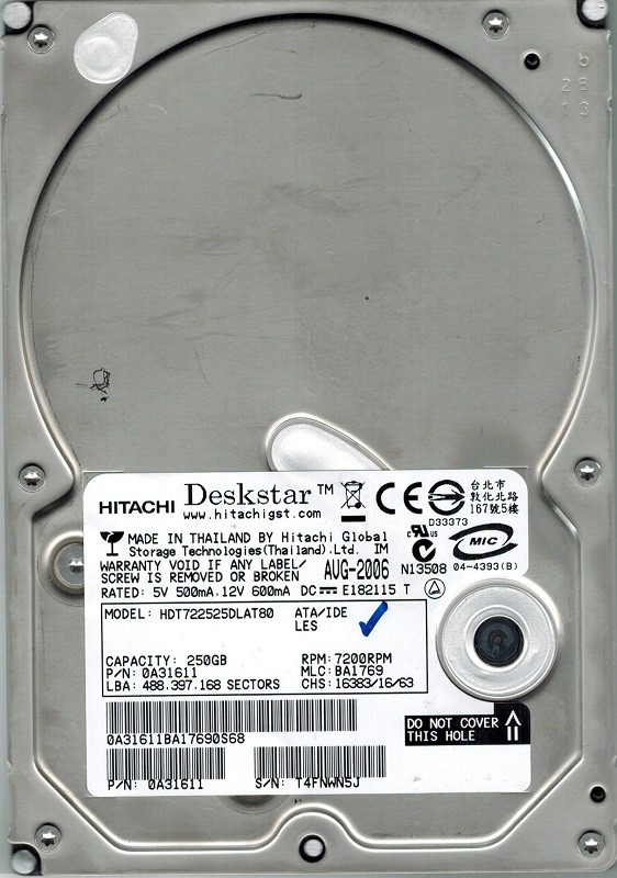 Hitachi HDT722525DLAT80 MLC: BA1769 P/N: 0A31611 250GB