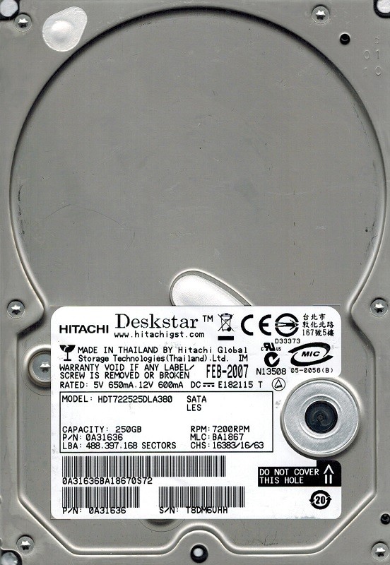 Hitachi HDT722525DLA380 MLC: BA1867 P/N: 0A31636 250GB