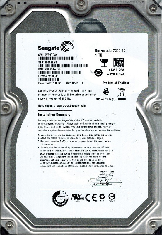 Seagate ST31000528AS P/N: 9SL154-568 F/W: CC46 1TB TK