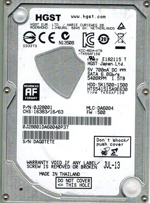  HGST HTS541515A9E630 P/N: 0J28001 MLC: DA6004 1.5TB Thailnad