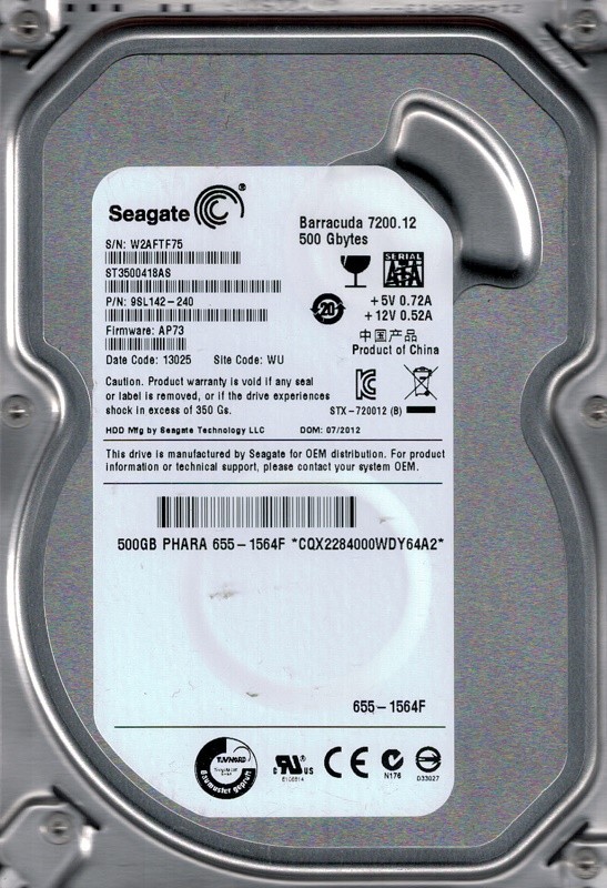 Seagate ST3500418AS P/N: 9SL142-240 F/W: AP73 500GB WU MAC 655-1564F