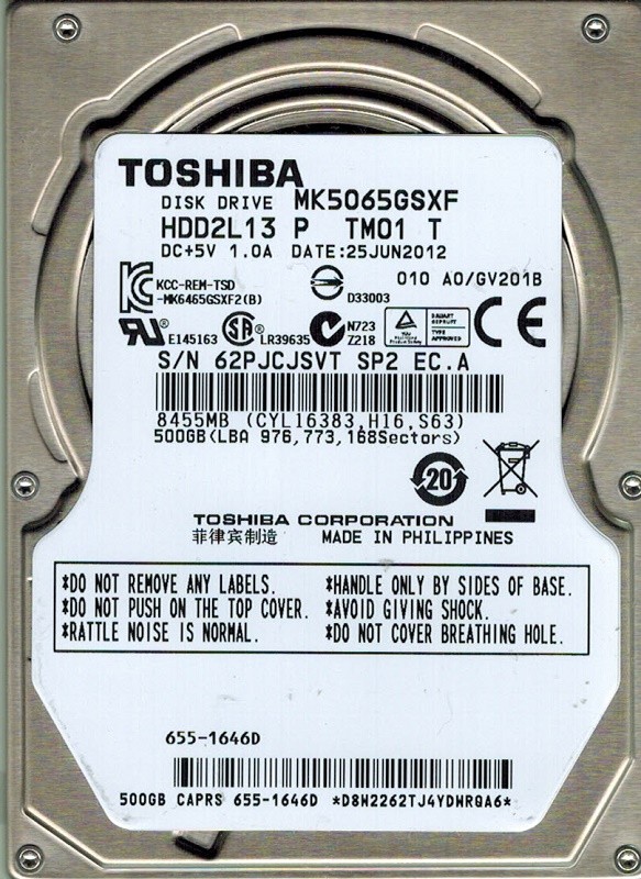 Toshiba MK5065GSXF HDD2L13 P TM01 T MAC 655-1646D 500GB PHILIPPINES