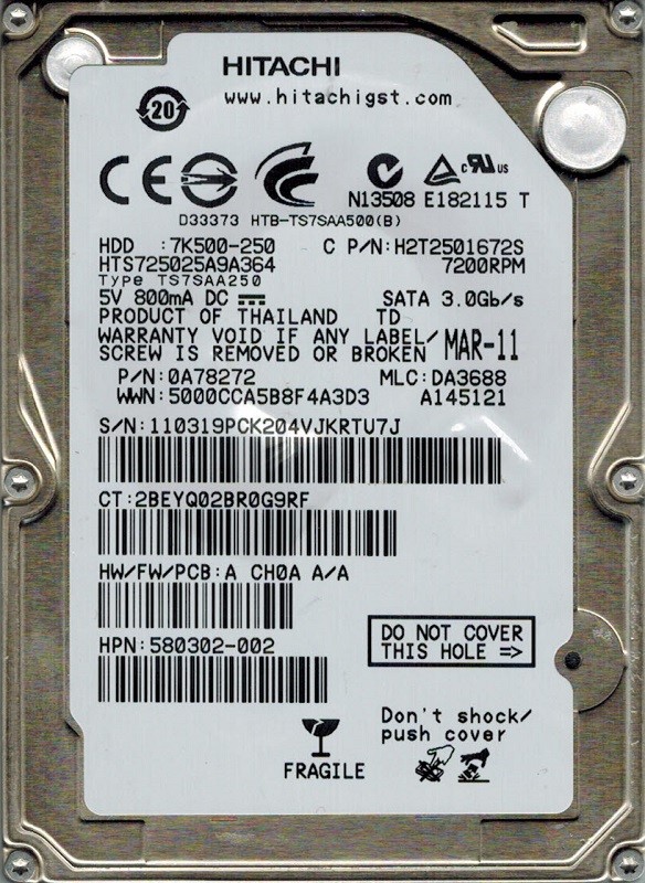 Hitachi HTS725025A9A364 P/N: 0A78272 MLC: DA3688 250GB