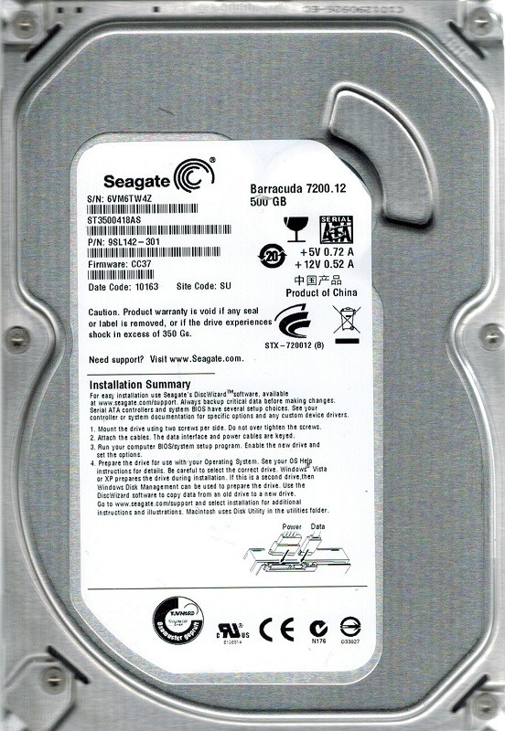 ST3500418AS P/N: 9SL142-301 F/W: CC37 SU Seagate 500GB