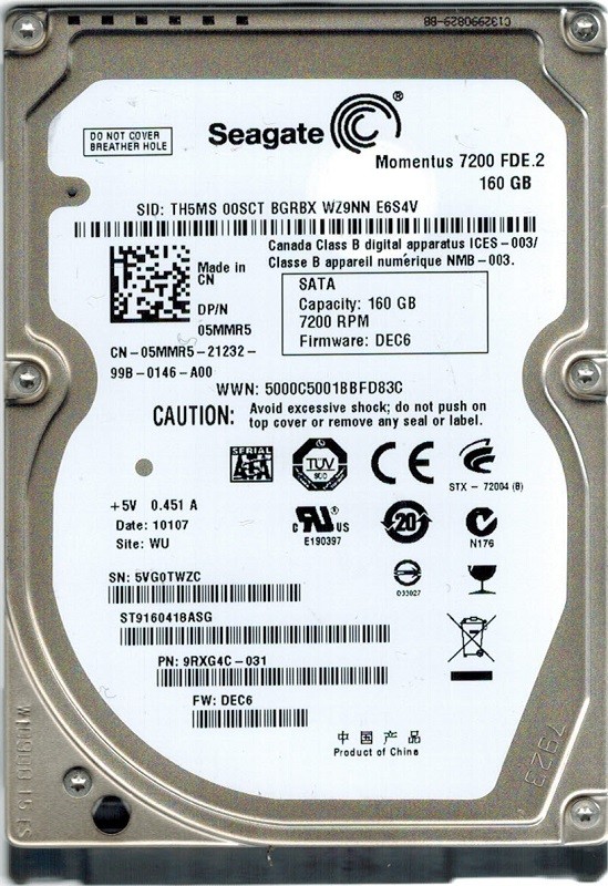 Seagate ST9160418ASG P/N: 9PSG4C-031 F/W: DEC6 WU 160GB