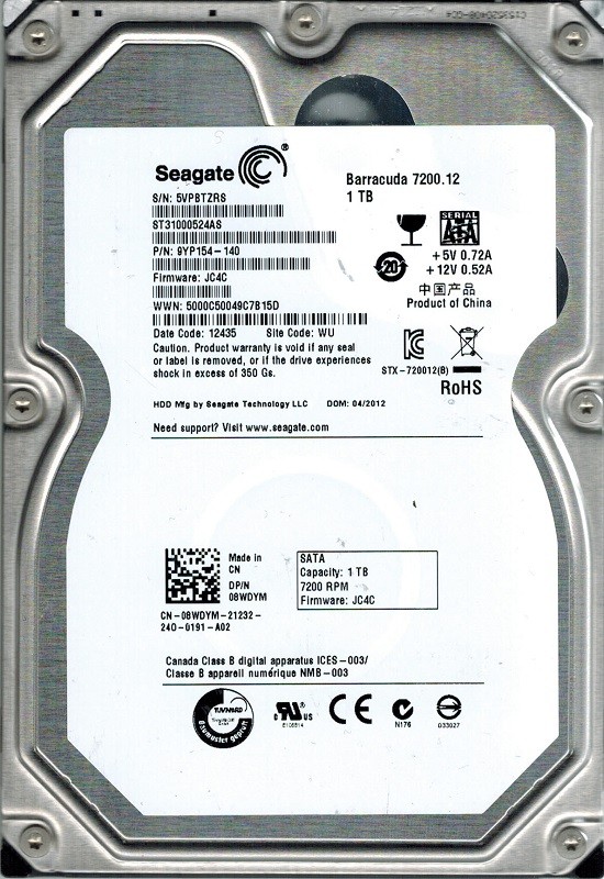 Seagate ST31000524AS F/W: JC4C P/N: 9YP154-140 WU 1TB