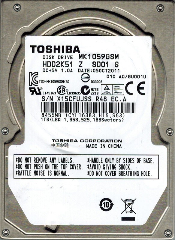Toshiba MK1059GSM HDD2K51 Z SD01 S 1TB A0/GU001U CHINA