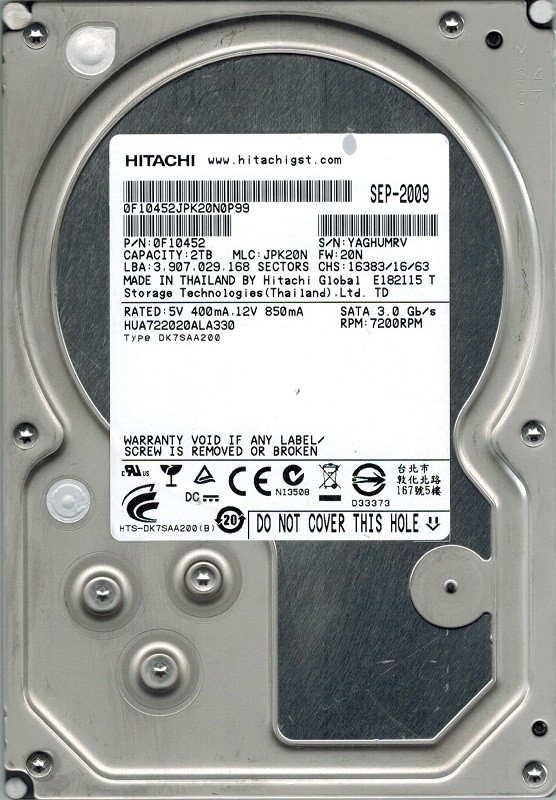 Hitachi HUA722020ALA330 P/N: 0F10452 MLC: JPK20N 2TB