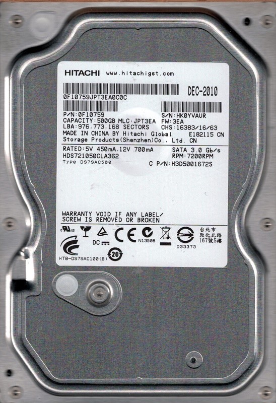 Hitachi HDS721050CLA362 P/N: 0F10759 MLC: JPT3EA 500GB