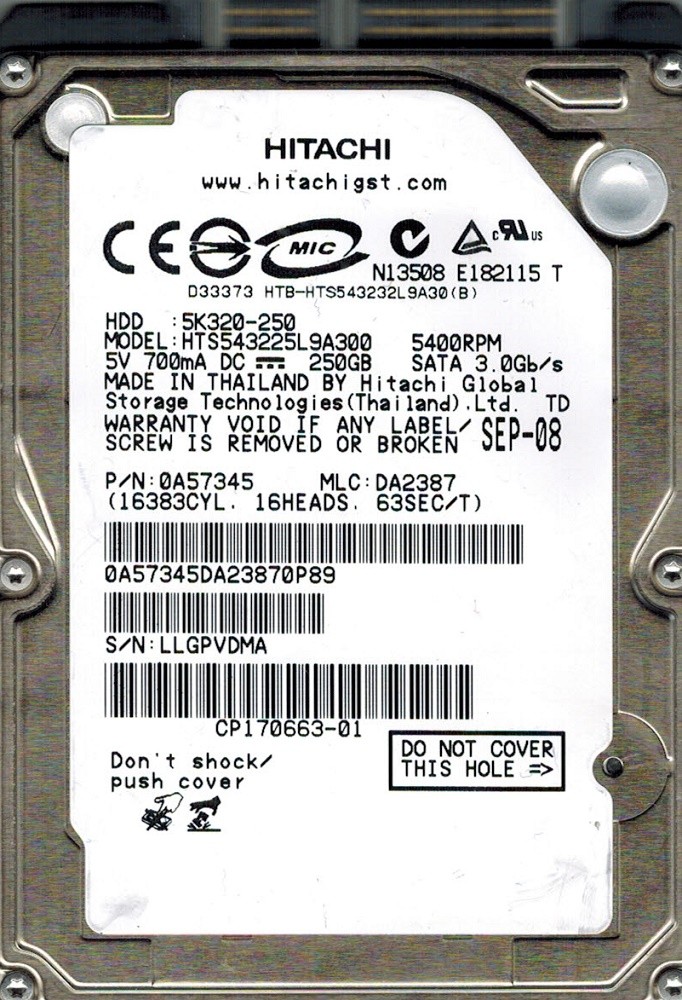 Hitachi HTS543225L9A300 P/N: 0A57345 MLC: DA2387 250GB