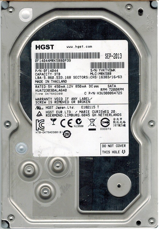 HGST HUA723030ALA640 P/N: 0F14044 MLC: MRK5BB 3TB 