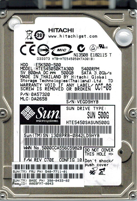 Hitachi HTE545050KTA300 P/N: 0A57320 500GB MLC: DA2658 SUN