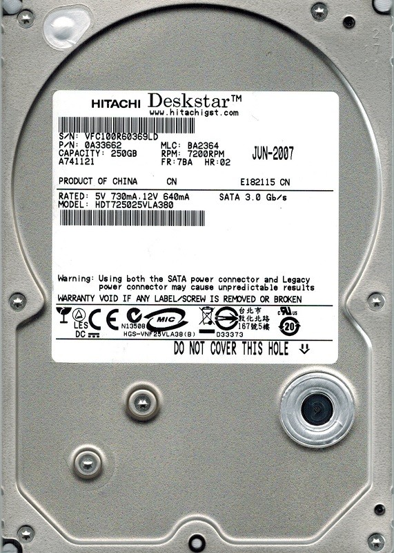 Hitachi HDT725025VLA380 P/N: 0A33662 MLC: BA2364 250GB