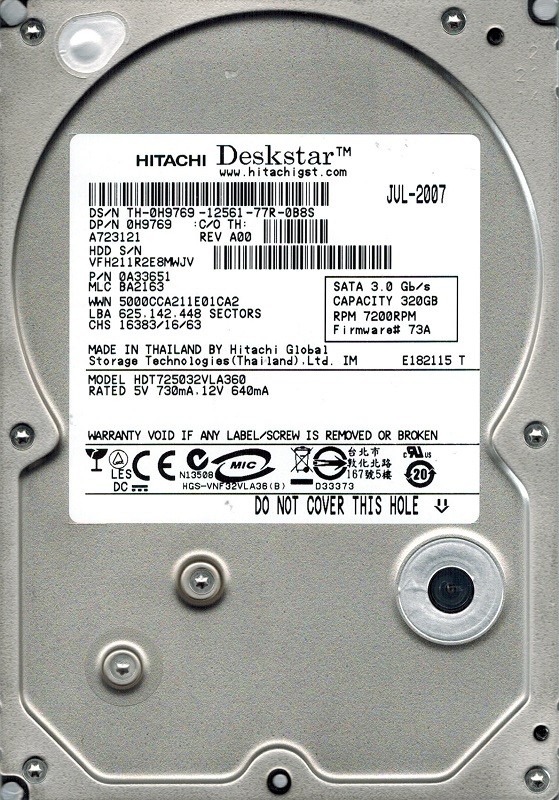 Hitachi HDT725032VLA360 320GB P/N: 0A33651 MLC: BA2163