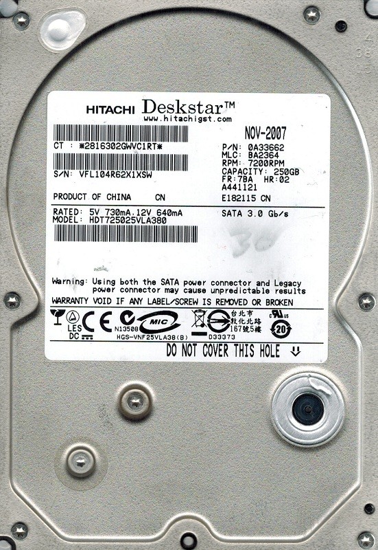 Hitachi HDT725025VLA380 250GB P/N: 0A33662 MLC: BA2364