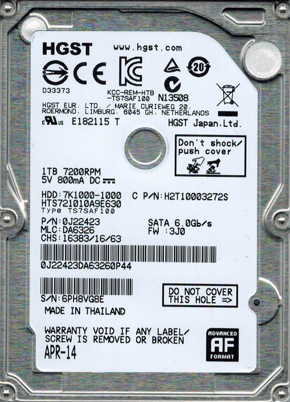 Hitachi HTS721010A9E630 P/N: 0J22423 MLC: DA6326 1TB