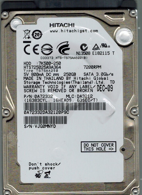 HTS725025A9A364 Hitachi MLC: DA3212 P/N: 0A72332 250GB