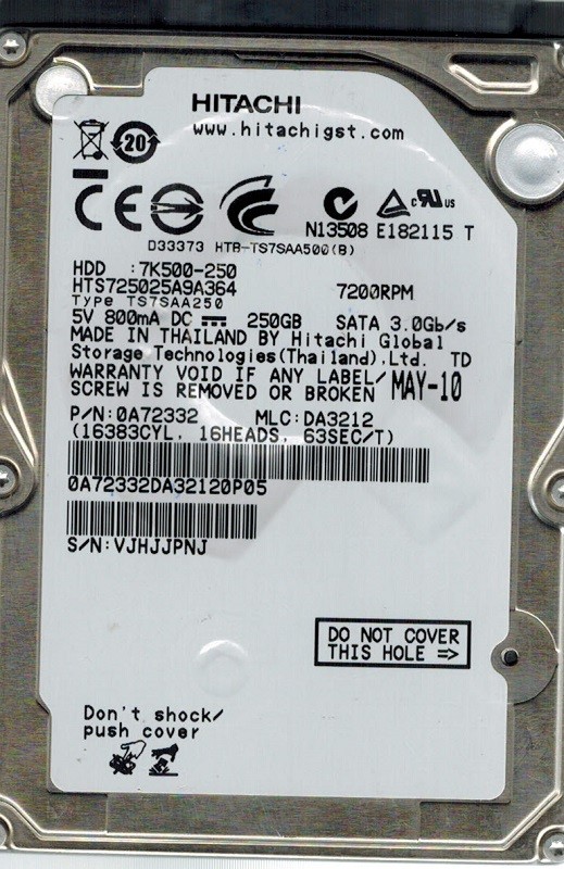 Hitachi HTS725025A9A364 P/N: 0A72332 MLC: DA3212 250GB