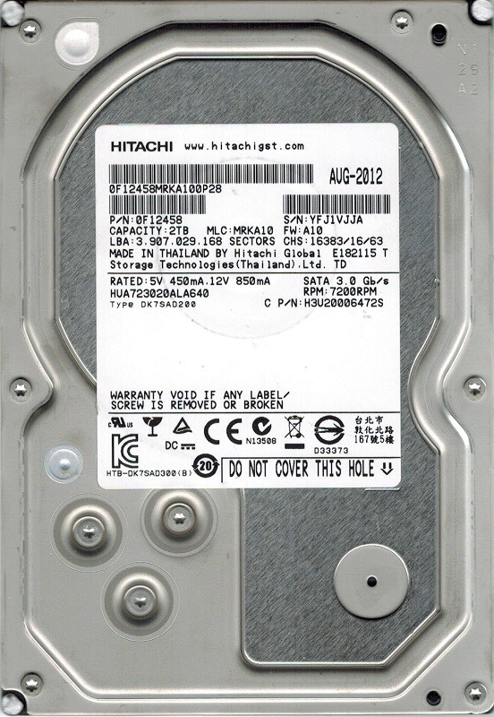 Hitachi HUA723020ALA640 P/N: 0F12458 MLC: MRKA10 2TB