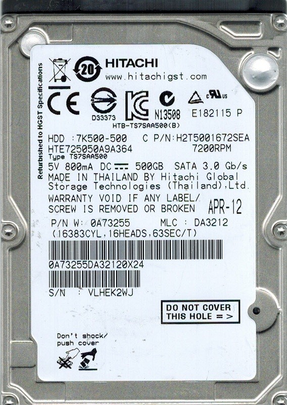 Hitachi HTE725050A9A364 P/N: 0A73255 MLC: DA3212 500GB