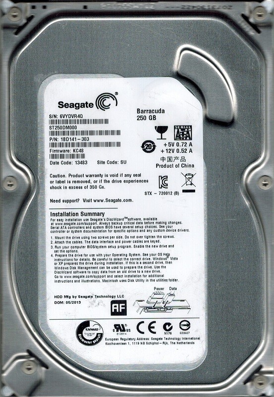 Seagate ST250DM000 P/N: 1BD141-303 F/W: KC48 SU 250GB