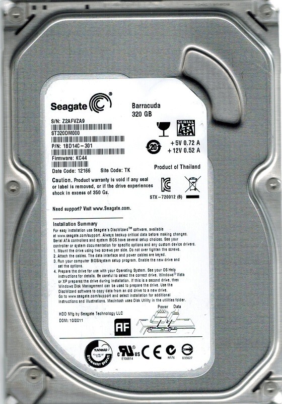 Seagate ST320DM000 P/N: 1BD14C-301 F/W: KC44 320GB TK