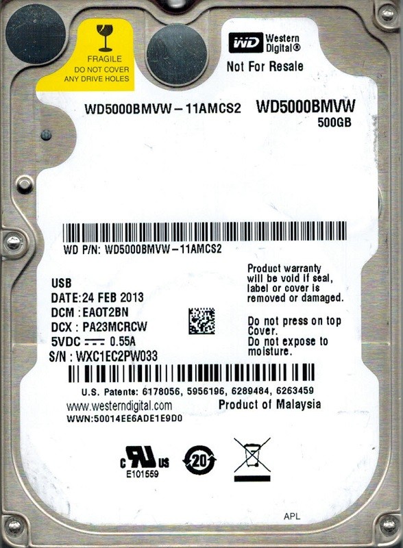 Western Digital WD5000BMVW-11AMCS2 500GB USB 3.0 DCM: HAOT2CB