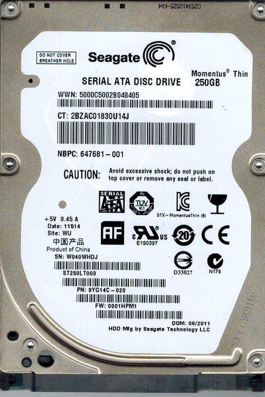 Seagate ST250LT003 F/W: 0001HPM1 P/N: 9YG14C-020 WU 250GB
