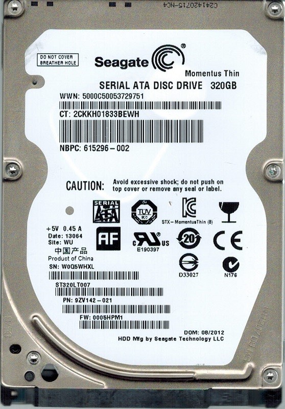 ST320LT007 Seagate F/W: 0005HPM1 P/N: 9ZV142-021 WU 320GB