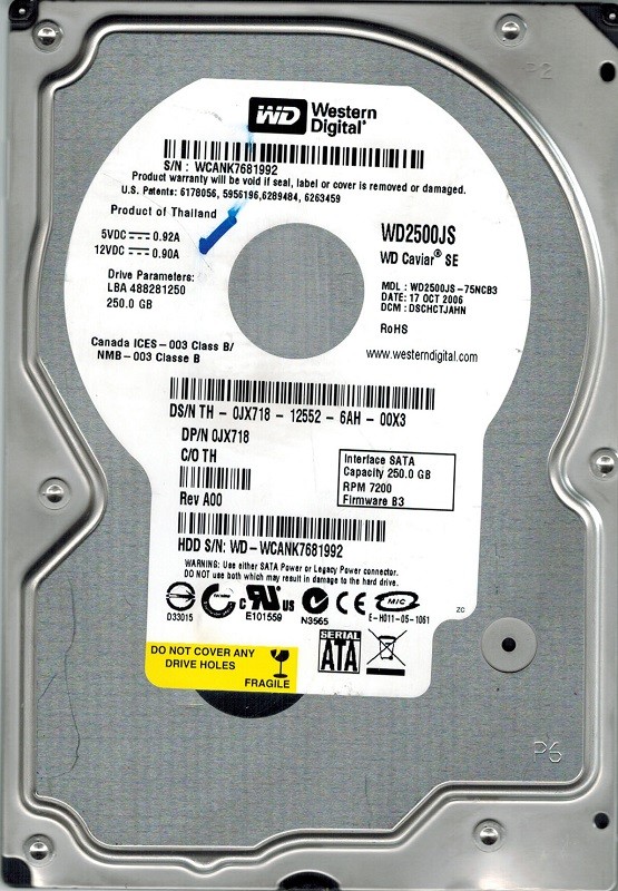 Western Digital WD2500JS-75NCB3 250GB DCM: DSCHCTJAHN