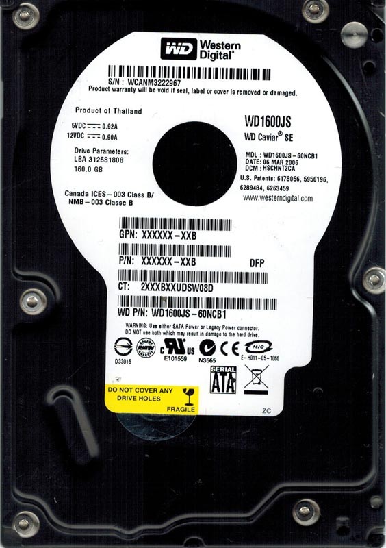 Western Digital WD1600JS-60NCB1 160GB DCM: HSCHNT2CA