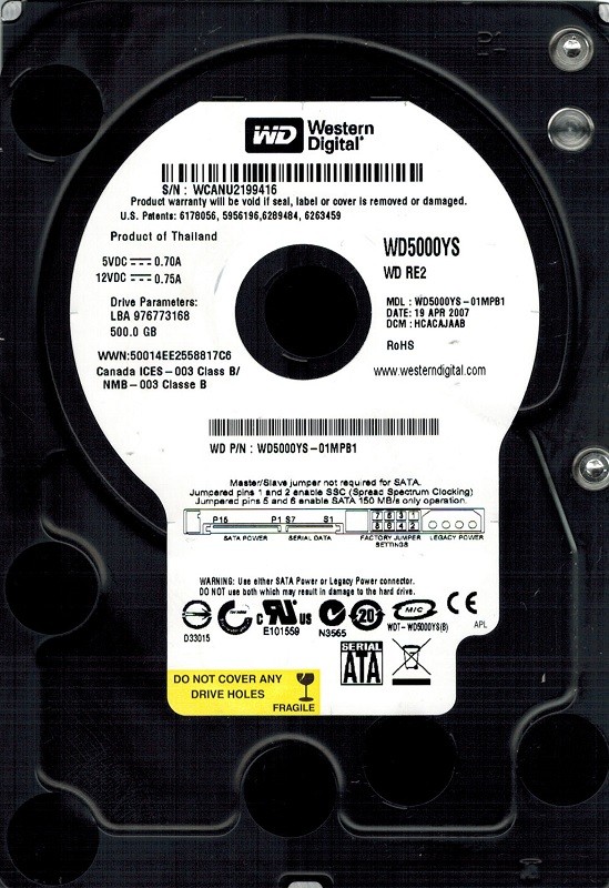 Western Digital WD5000YS-01MPB1 500GB DCM: HCACAJAAB
