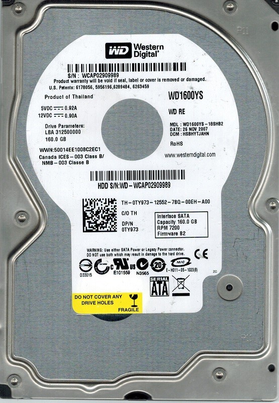 WD1600YS-18SHB2 Western Digital DCM: HSBHYTJAHN 160GB