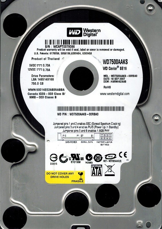 Western Digital WD7500AAKS-00RBA0 750GB DCM: HARNHA2AAB
