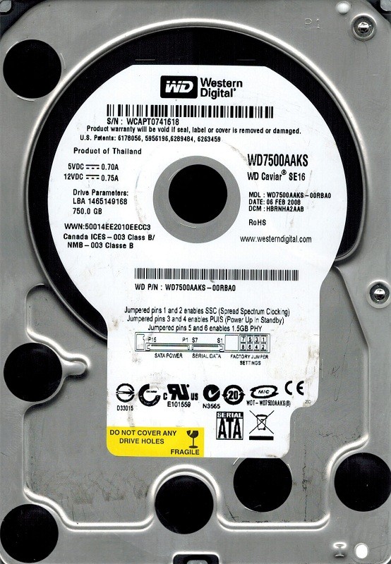 Western Digital WD7500AAKS-00RBA0 750GB DCM: HBRNHA2AAB