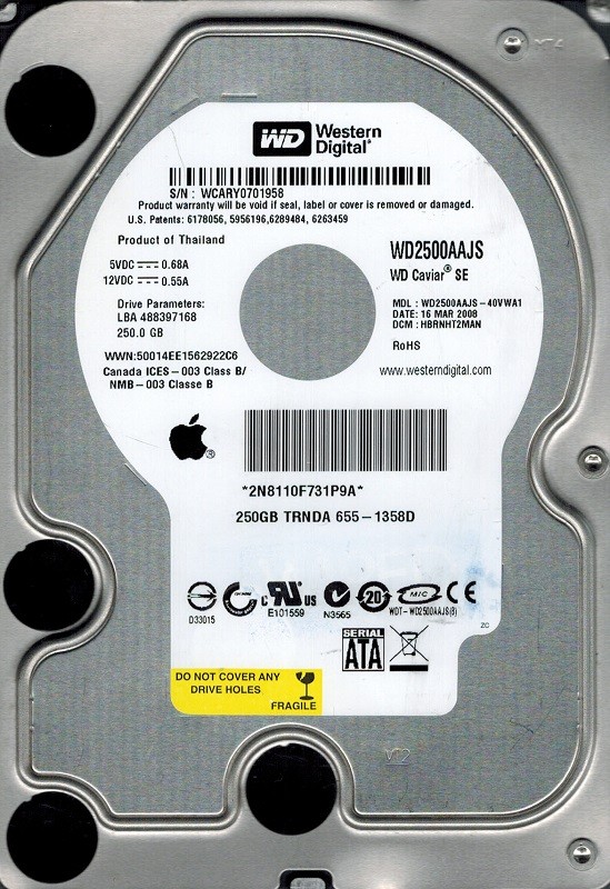 Western Digital WD2500AAJS-40VWA1 DCM: HBRNHT2MAN APPLE MAC 250GB