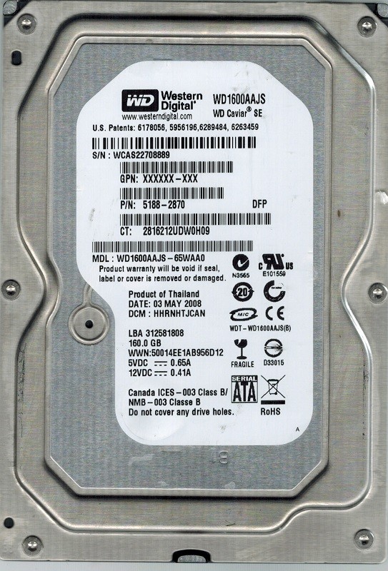 Western Digital WD1600AAJS-65WAA0 160GB DCM: HHRNHTJCAN
