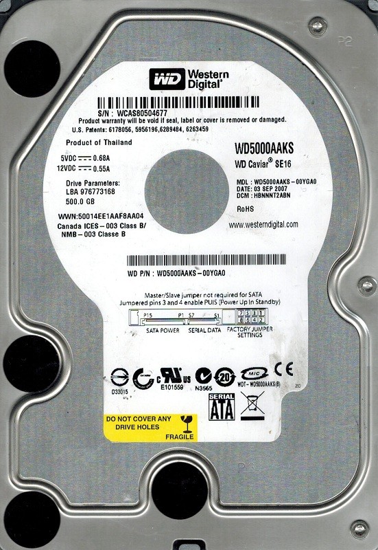Western Digital WD5000AAKS-00YGA0 500GB DCM: HBNNNT2ABN