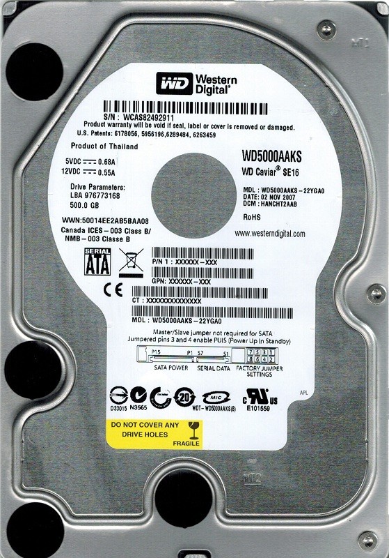 Western Digital WD5000AAKS-22YGA0 500GB DCM: HANCHT2AAB